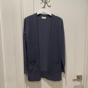 Long slate blue open front cardigan